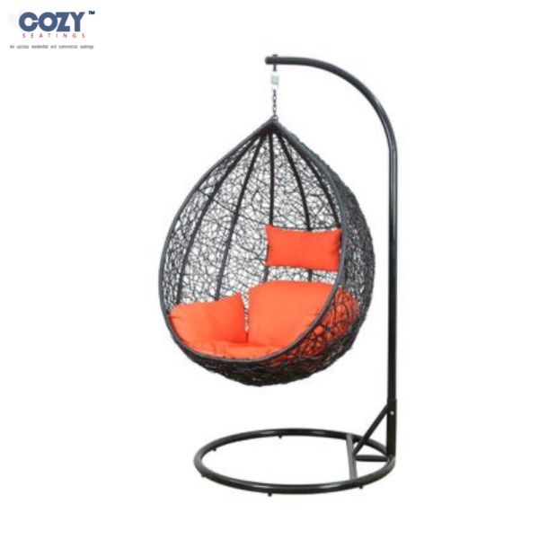 Hammock PE Rattan and Polyester Fabric with Orange Cushion Outdoor Swing Chair 1 Seater- Black