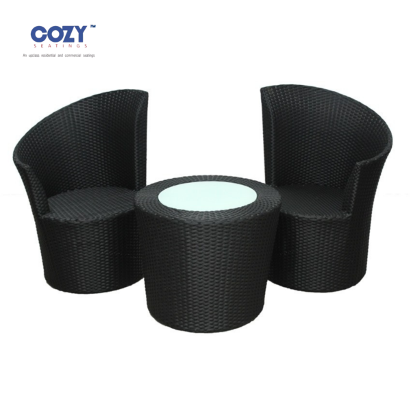 Papasan Synthetic PE Rattan Patio and Balcony Outdoor Seating Set of 2- Black(2+Round Table)