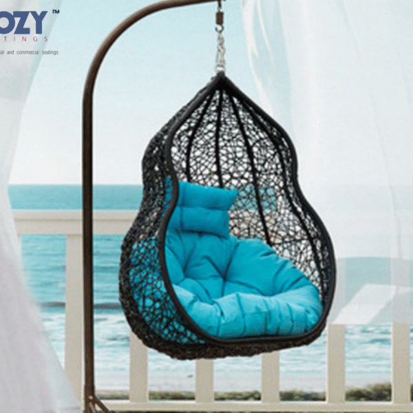 Hammock PE Rattan and Polyester Fabric with Blue Cushion Outdoor Swing Chair 1 Seater- Black