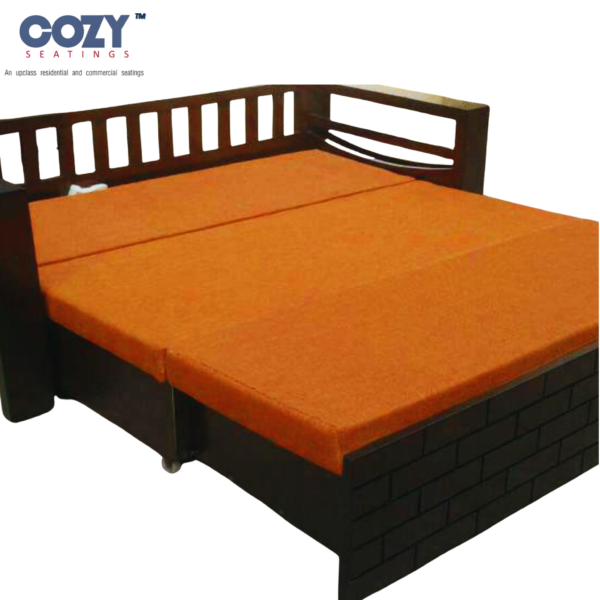 Tressa Teak Wood Convertible sleeper Sofa Cum Bed with Black Wooden Frame 2 Seater -Orange Mattress